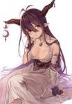  antenna_hair bandages black_gloves blush breasts brown_hair cleavage danua draph dress fingerless_gloves gloves granblue_fantasy hair_between_eyes horn_ornament horns jewelry large_breasts long_hair necklace open_mouth pointy_ears red_eyes simple_background solo tamaext white_background 