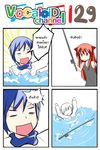  1girl 4koma animal_ears arms_up blue_hair cat_ears catstudioinc_(punepuni) comic commentary dress emphasis_lines fishing_rod highres kaito left-to-right_manga original partially_submerged puni_(miku_plus) red_eyes red_hair scarf thai translated turn_pale vocaloid 