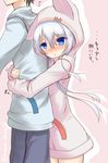  1girl black_hair blue_eyes blush hammer_and_sickle hibiki_(kantai_collection) hood hooded_jacket hug hug_from_behind jacket kantai_collection long_hair open_mouth silver_hair star surume_aburi translation_request verniy_(kantai_collection) 