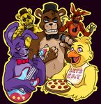  animatronic avian bear bird bonnie_(fnaf) bow_tie canine chica_(fnaf) chicken five_nights_at_freddy&#039;s food fox foxy_(fnaf) freddy_(fnaf) golden_freddy_(fnaf) hat hook lagomorph machine male mammal mechanical pizza rabbit robot skdaffle top_hat 