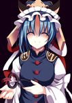  ^_^ aqua_hair arm_up closed_eyes commentary_request hat hat_ribbon highres juliet_sleeves long_sleeves pincers puffy_sleeves ribbon shaded_face shiki_eiki shirt smile solo sukage tongue touhou uniform vest wide_sleeves 