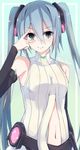  blue_eyes blue_hair blush hatsune_miku hatsune_miku_(append) headphones heart highres kurebayashi_noe long_hair looking_at_viewer navel necktie smile solo twintails vocaloid vocaloid_append 