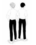  facing_away from_behind greyscale hands_on_hips line_shading male_focus monochrome multiple_boys original pants re:i school_uniform shoes side-by-side simple_background sketch white_background 