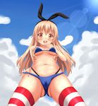  bikini blonde_hair blush breasts brown_eyes cameltoe cloud covered_nipples day elbow_gloves fast-runner-2024 gloves hairband kantai_collection lens_flare long_hair looking_at_viewer medium_breasts navel open_mouth shimakaze_(kantai_collection) skindentation sky solo striped striped_legwear swimsuit thighhighs underboob 