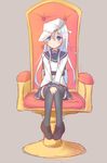  black_legwear blue_eyes blush chair grey_background hammer_and_sickle hibiki_(kantai_collection) kantai_collection loafers long_hair shoes silver_hair simple_background sitting skirt solo star surume_aburi thighhighs verniy_(kantai_collection) 