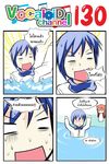  1girl 4koma animal_ears arms_up blue_hair cat_ears catstudioinc_(punepuni) close-up comic commentary emphasis_lines highres jitome kaito left-to-right_manga original partially_submerged puni_(miku_plus) red_eyes red_hair scarf shouting thai translated vocaloid 