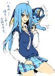  ambiguous_gender black_eyes blue_hair blush breasts clothing cute eeveelution eyelashes female grey_eyes hair human japanese_text long_hair looking_at_viewer mammal necktie nintendo open_mouth plain_background pok&eacute;mon skirt standing text translation_request vaporeon vest video_games 草薙芳_(artist) 