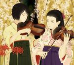  album_cover black_hair bob_cut cherry_blossoms cover floral_print flower green_hakama hair_ribbon hakama instrument japanese_clothes kimono multiple_girls music original playing_instrument ponytail purple_hakama re:i ribbon spider_lily tree violin 