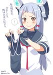  1girl artist_name bangs blunt_bangs blush dress fingerless_gloves gloves hair_ribbon headgear holding holding_swimsuit kantai_collection long_hair murakumo_(kantai_collection) one-piece_swimsuit orange_eyes ribbon sailor_dress school_swimsuit school_uniform serafuku short_eyebrows silver_hair solo super_zombie swimsuit translation_request tress_ribbon twitter_username white_background white_hair 