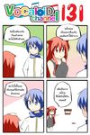  1girl 4koma animal_ears blue_eyes blue_hair cat_ears catstudioinc_(punepuni) comic commentary dress food_stand hand_on_another's_head highres kaito left-to-right_manga original pointing puni_(miku_plus) red_eyes red_hair scarf thai translated vocaloid 