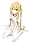  :o blonde_hair blue_eyes flat_chest highres looking_at_viewer miruto_netsuki open_mouth original shirt simple_background sitting solo t-shirt thighhighs twintails uniform wariza white_background white_legwear 