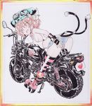  animal_ears ass bare_shoulders boots breasts brown_eyes brown_hair cat_ears cat_tail chen covered_nipples denim denim_shorts earrings ground_vehicle hat heart jewelry looking_at_viewer lowleg lowleg_shorts motor_vehicle motorcycle multiple_tails okiraku_nikku open_mouth panties shikishi shirt shorts side_ponytail sideboob sleeveless sleeveless_shirt small_breasts smile solo striped striped_panties tail thighhighs touhou traditional_media underwear white_panties 