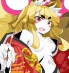  1girl animal_ears blonde_hair disgaea fox_ears fox_tail karatakewari looking_at_viewer makai_senki_disgaea_5 monster_girl multiple_tails nine-tailed_fox_(disgaea) no_nipples no_nose open_mouth red_eyes slit_pupils tail 