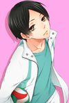  black_hair haikyuu!! image_sample jacket kunimi_akira looking_at_viewer male_focus open_clothes open_jacket pink_background pixiv_sample rio_(rio_01) solo volleyball 