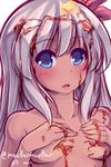  blue_eyes blush breasts butter commentary completion_time dark_skin food hair_ornament kantai_collection long_hair looking_at_viewer maullarmaullar nude ro-500_(kantai_collection) sexually_suggestive silver_hair small_breasts solo suggestive_fluid syrup tan upper_body 