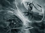  battle blocking diana_(league_of_legends) duel league_of_legends leona_(league_of_legends) long_hair monochrome muju multiple_girls shield sketch sword weapon 