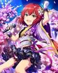  artist_request blush brown_eyes cherry_blossoms fingerless_gloves gloves hair_ornament idolmaster idolmaster_cinderella_girls japanese_clothes kimono kimono_skirt looking_at_viewer microphone murakami_tomoe official_art open_mouth petals red_hair short_hair smile solo 
