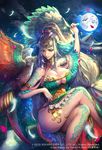  2015 bangs bare_legs bare_shoulders big_hair bird blunt_bangs breasts cleavage colorful crossed_legs fan feathers full_moon genderswap genderswap_(mtf) highres large_breasts long_hair moon night official_art red_eyes sangokushi_ranbu silver_hair sitting smile solo tajima_yukie tattoo thighs very_long_hair zhuge_liang 