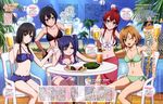  :t ;d absurdres ahoge alcohol aqua_eyes beer bikini black_bikini black_hair blue_bikini blue_eyes blush breast_rest breasts brown_hair chair cleavage day drink flip-flops food frilled_bikini frills front-tie_top green_bikini green_eyes hair_bun highres holding_hands imai_midori interlocked_fingers long_hair looking_at_viewer low_twintails magazine_scan medium_breasts miyamori_aoi multiple_girls navel object_on_head official_art one_eye_closed open_mouth palm_tree poolside purple_bikini purple_eyes purple_hair red_hair sakaki_shizuka sandals sarong satou_youko scan shiny shiny_skin shirobako short_hair side_ponytail sitting small_breasts smile standing swimsuit table toudou_misa tree twintails yasuhara_ema 