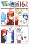  &gt;_&lt; 1boy 1girl 4koma ^_^ animal_ears blue_hair cat_ears catstudioinc_(punepuni) closed_eyes comic commentary cotton_candy drooling emphasis_lines food_stand highres jitome kaito left-to-right_manga long_hair original puni_(miku_plus) red_eyes red_hair scarf shaded_face thai translated vocaloid 