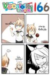  1boy 1girl 4koma ascot bite_mark blonde_hair blue_eyes catstudioinc_(punepuni) chocolate chocolate_covered clenched_teeth color_drain comic commentary cutting_board grimace hair_ribbon highres kagamine_len kagamine_rin knife left-to-right_manga onion ponytail prank ribbon sailor_collar spoken_ellipsis teardrop teeth thai translated vocaloid 