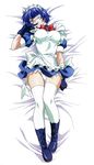  :p absurdres ahoge apron bangs bed_sheet blue_gloves blue_hair boots bow bowtie breasts breasts_apart buckle collar dakimakura dress dutch_angle earrings eyepatch finger_licking frilled_apron frills from_above full_body gloves green_eyes groin headdress highres ikkitousen indoors jewelry lace large_breasts legs licking looking_at_viewer lying magatama magatama_earrings maid maid_headdress mole mole_under_mouth naughty_face official_art on_back on_bed panties pantyshot pantyshot_(lying) petticoat puffy_short_sleeves puffy_sleeves rin-sin ryomou_shimei scan short_dress short_hair short_sleeves sleeve_cuffs solo taut_clothes thighhighs tongue tongue_out underwear white_legwear white_panties 