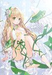  angel bad_id bad_pixiv_id barefoot blonde_hair breasts canape_(canape0130) cleavage dress feathers flower green_eyes hair_flower hair_ornament legs long_hair original plant ribbon rose sitting sleeveless small_breasts solo toes vines white_flower white_rose wings 