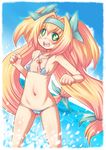  :d armpits bangs bikini blazblue blonde_hair blue_bikini blush breasts cameltoe clenched_hands cloud covered_nipples day gem green_eyes groin hair_ribbon hairband happy heart heart-shaped_pupils jewelry kure_(beniya) long_hair looking_at_viewer low-tied_long_hair lowleg lowleg_bikini micro_bikini navel necklace ocean open_mouth outdoors pendant platinum_the_trinity quad_tails ribbon ribs sky small_breasts smile solo splashing standing swimsuit symbol-shaped_pupils very_long_hair wading water 