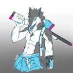  abs axe biceps big_muscles black_fur blue_eyes claws clothed clothing discordnight dog_tags fallout fur grey_fur grey_hair hair half-dressed hotlinemiami muscles sergal weapon 