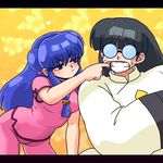  1girl bangs bell black_hair blunt_bangs chinese_clothes clenched_teeth glasses hair_ornament jingle_bell long_hair mousse mouth_pull official_style pants pink_pants pout purple_eyes purple_hair ranma_1/2 shampoo_(ranma_1/2) sweatdrop tears teeth wanta_(futoshi) 