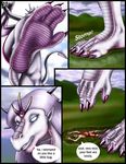  2003 anthro brown_hair claws clothed clothing comic dragon duo english_text feet female foot_fetish foot_focus gem grass hair horn human male mammal markie open_mouth outside purple_hair purple_scales raised_leg scalie skimpy sky smile speech_bubble teeth text toe_claws tongue tongue_out white_eyes white_hair white_scales wings 