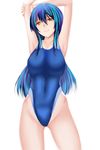  arms_up blue_hair brown_eyes competition_swimsuit covered_navel highleg highleg_swimsuit long_hair one-piece_swimsuit original shima-shuu solo swimsuit 