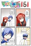  1boy 1girl 4koma animal_ears arm_holding blue_eyes blue_hair cat_ears catstudioinc_(punepuni) comic commentary dotted_line emphasis_lines highres kaito left-to-right_manga long_hair original puni_(miku_plus) red_eyes red_hair scarf shaded_face thai translated vocaloid 