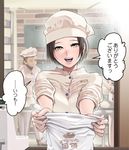  1girl bag bakery black_hair chef_hat hat hayakawa_pao highres open_mouth original revision shop smile toque_blanche translated yellow_eyes 