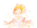  bare_shoulders closed_eyes dress earrings flower gloves hair_flower hair_ornament hoshizora_rin jewelry love_live! love_live!_school_idol_project love_wing_bell necklace off-shoulder_dress off_shoulder orange_hair pechika petals pom_pom_(clothes) ribbon short_hair simple_background solo veil wedding_dress white_background white_gloves 