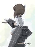  1girl 4suke black_legwear black_skirt bow_(weapon) brown_hair crossbow flight_deck from_behind headband kantai_collection long_hair long_sleeves miniskirt payot pleated_skirt sidelocks simple_background skirt solo taihou_(kantai_collection) thighhighs twitter_username weapon white_background zettai_ryouiki 