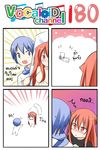  1boy 1girl 4koma animal_ears bangs blue_eyes blue_hair blush cat_ears catstudioinc_(punepuni) comic commentary dakimakura_(object) emphasis_lines hair_censor hair_over_breasts highres jitome kaito left-to-right_manga nude original pillow puni_(miku_plus) red_eyes red_hair scarf thai throwing translated vocaloid 