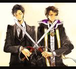  black_hair chain formal highres kesion_(orphen) letterboxed majutsushi_orphen multiple_boys nanatoki necktie orphen short_hair suit sword weapon 