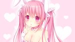  amashiro_natsuki animal_ears bad_id bad_pixiv_id bangs bare_shoulders bow breasts bunny_ears choker cleavage collarbone eyebrows_visible_through_hair gloves heart heart_background long_hair medium_breasts original parted_lips pink_background pink_eyes pink_hair solo twintails upper_body 