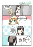  &gt;_&lt; 3girls 4koma azuki_azusa bangs black_hair blonde_hair bow brown_hair catstudioinc_(punepuni) closed_eyes comic copyright_name corner green_eyes hair_bow hentai_ouji_to_warawanai_neko. highres jitome long_ponytail multiple_girls o_o ponytail ribbon thai translation_request tsutsukakushi_tsukiko tsutsukakushi_tsukushi yokodera_youto 