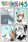  1boy 4koma blonde_hair catstudioinc_(punepuni) color_drain comic commentary highres kagamine_len left-to-right_manga necktie no_toilet_paper ponytail restroom reverse_translation sailor_collar shaded_face sigh thai translated vocaloid 