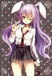  animal_ears breasts bunny_ears cleavage crescent hair_ornament large_breasts long_hair long_sleeves necktie one_eye_closed pleated_skirt purple_hair red_eyes red_neckwear reisen_udongein_inaba revision shirt skirt solo touhou ukita_uuko very_long_hair 