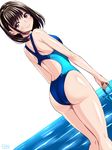  anegasaki_nene ass brown_eyes brown_hair competition_swimsuit dutch_angle from_behind highleg highleg_swimsuit looking_back love_plus mole mole_under_eye one-piece_swimsuit sen_(sansui) short_hair smile solo swimsuit 