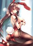  amane_ruri animal_ears ass black_legwear blush bow bowtie breast_hold breasts brown_eyes brown_hair bunny_ears bunny_tail bunnysuit detached_collar fake_animal_ears fake_tail large_breasts long_hair md5_mismatch nipples open_mouth original pantyhose revision simple_background sitting smile solo tail wariza wrist_cuffs 