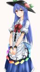  blue_hair bow breasts chain chained commentary_request cuffs food fruit hat highres hinanawi_tenshi lock long_hair momoiro_lettuce padlock peach puffy_short_sleeves puffy_sleeves red_eyes revision shackles shirt short_sleeves skirt small_breasts solo touhou v_arms very_long_hair 
