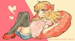  black_legwear blush bow dated gekkan_shoujo_nozaki-kun hair_bow happy_birthday heart high_heels long_hair orange_hair pillow polka_dot polka_dot_bow purple_eyes sakura_chiyo shorts smile solo thighhighs utk-utk 