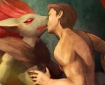  anthro black_fur breast_grab breasts eyes_closed female fur hair hattonslayden human interspecies kissing male mammal nintendo nipples passionate pok&eacute;mon pok&eacute;philia video_games zoroark 