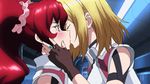  2girls angelise_ikaruga_misurugi animated animated_gif blonde_hair blush cross_ange fingerless_gloves gloves hilda_(cross_ange) kiss long_hair multiple_girls red_eyes red_hair twintails yuri 