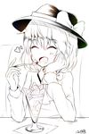  bow chin_rest eating food fruit fuente hair_bow happy hat highres ice_cream monochrome necktie open_mouth ribbon short_hair smile solo strawberry touhou usami_renko 