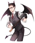  axe bad_id bad_pixiv_id black_hair demon_horns demon_tail demon_wings glasses gloves horns joseph_oda male_focus red_eyes solo tail the_evil_within vest waistcoat weapon wings yasuda_(fareast_blade) 